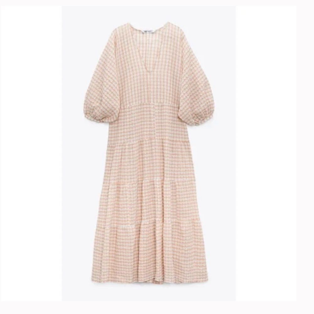 Zara Orange and Cream Tiered Sundress with Puff Sleeves